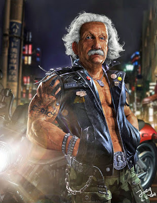 Albert Einstein als Rocker mit Leder Kutte und Tattoos