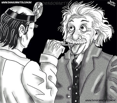 Albert Einstein streckt Zunge beim Arzt heraus - Karikatur lustig
