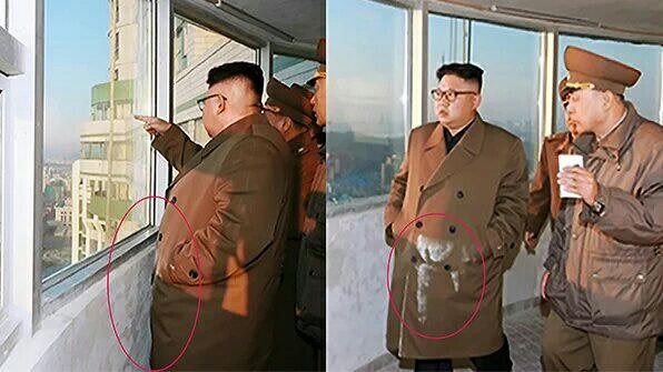 Erfolgloser Diktator Kim lehnt sich an frisch gemalter Wand an. lustige Politiker