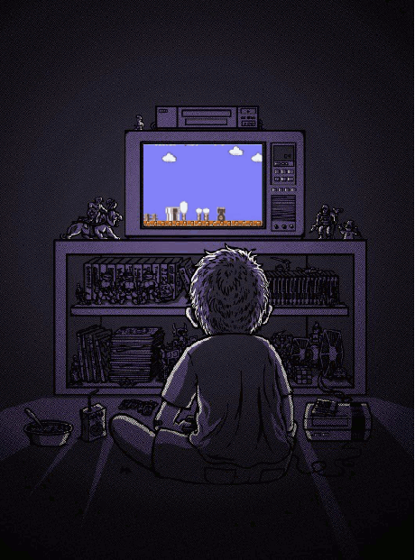 Kind spielt in der Nacht altes Super Mario