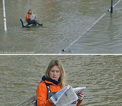 Lustige Frau hat die Ruhe weg - Hochwasser Spaßbilder