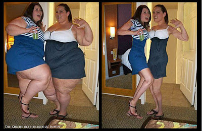 Zwei lustige dicke Frauen zum lachen - Abnehmen mit Photoshop - Vorher-Nachher