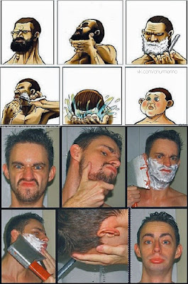 Lustige Mann beim rasieren vorher nachher