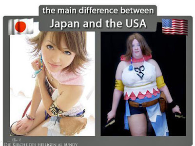 Lustiger Nationen Vergleich - schlanke Japanerin und dicke Amerikanerin
