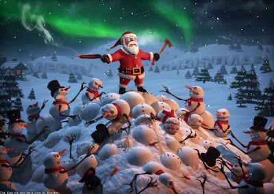 Lustiger Weihnachtsmann zum lachen kämpft gegen Zombie Schneemänner