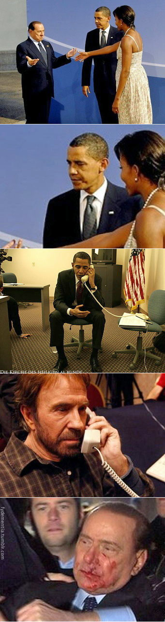Obama und Chuck Norris verprügeln Italiens ehemaligen Ministerpräsidenten Berlusconi lustig Obama und Chuck Norris verprügeln Italiens ehemaligen Ministerpräsidenten Berlusconi lustig