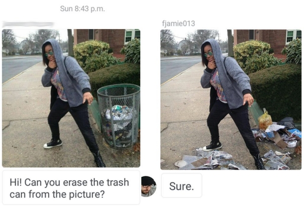 Witzige Frau posiert neben Mülleimer. Fotomontage lustig